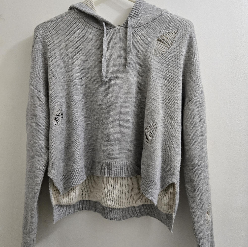 VINTAGE HAVANA Distressed Skull Intarsia Hooded Sweater M